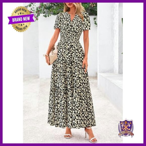 Boho Maxi Dress with Pockets, V-Neck, Tiered Flowy Summer Beach Dress - Picture 4 of 8